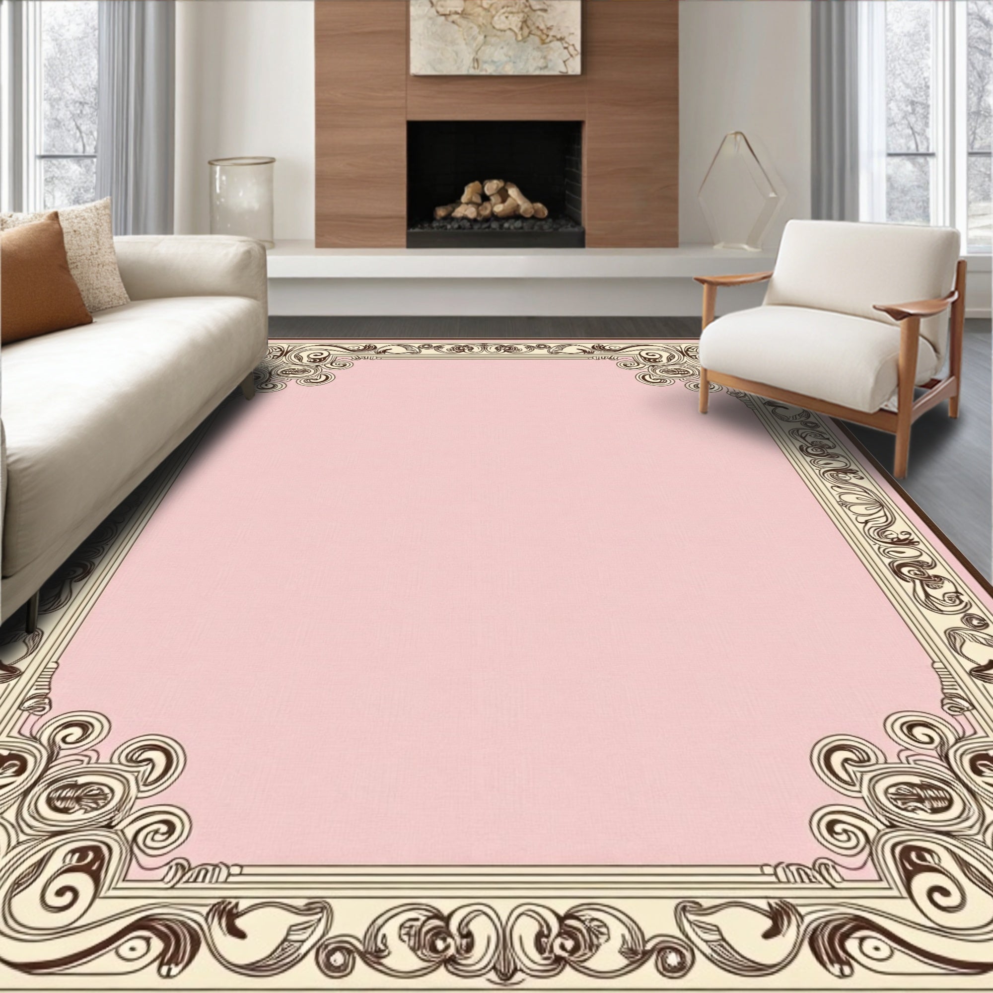 Ornate Pink Scroll Leaf Border Rug