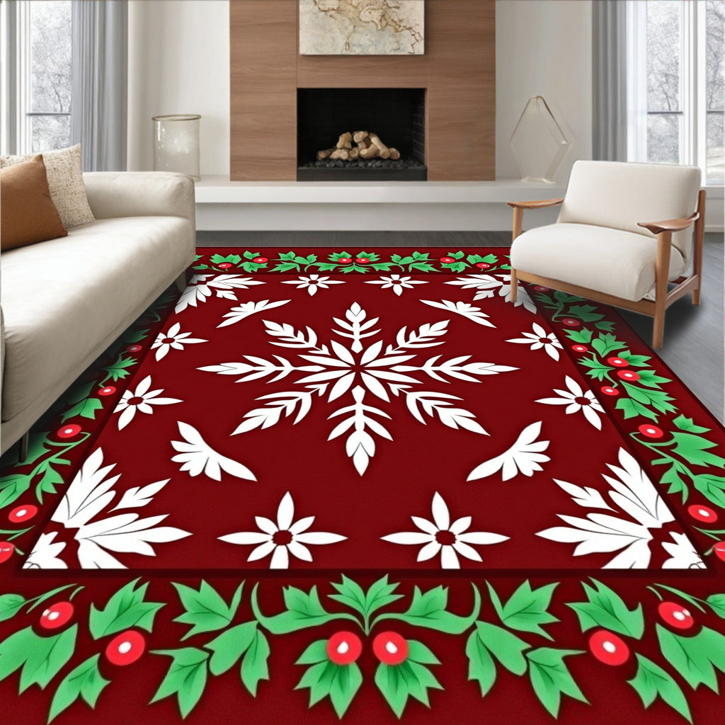 Festive Red Holly Snowflake Accent Rug