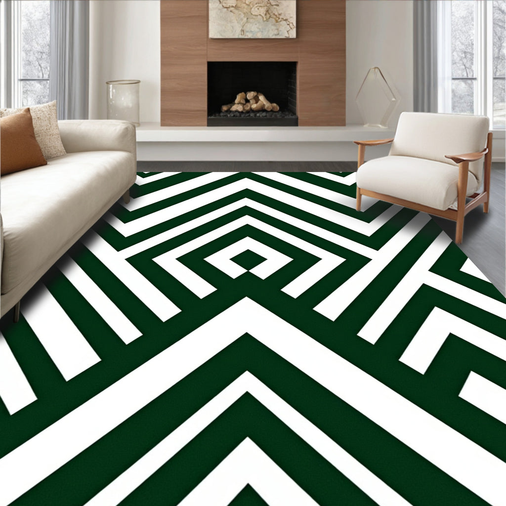 Dark Green White Geometric Maze Rug