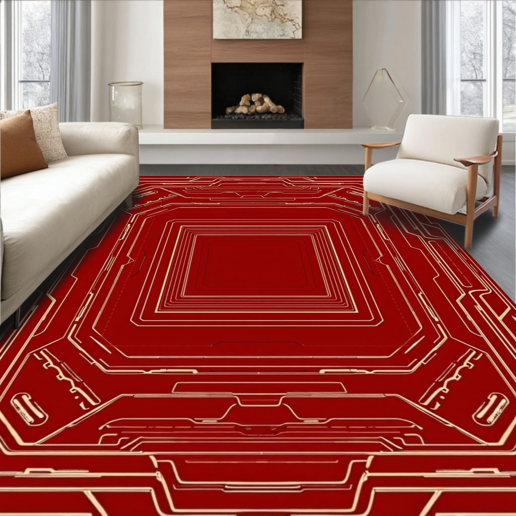Crimson Gold Geometric Circuit Board Rug
