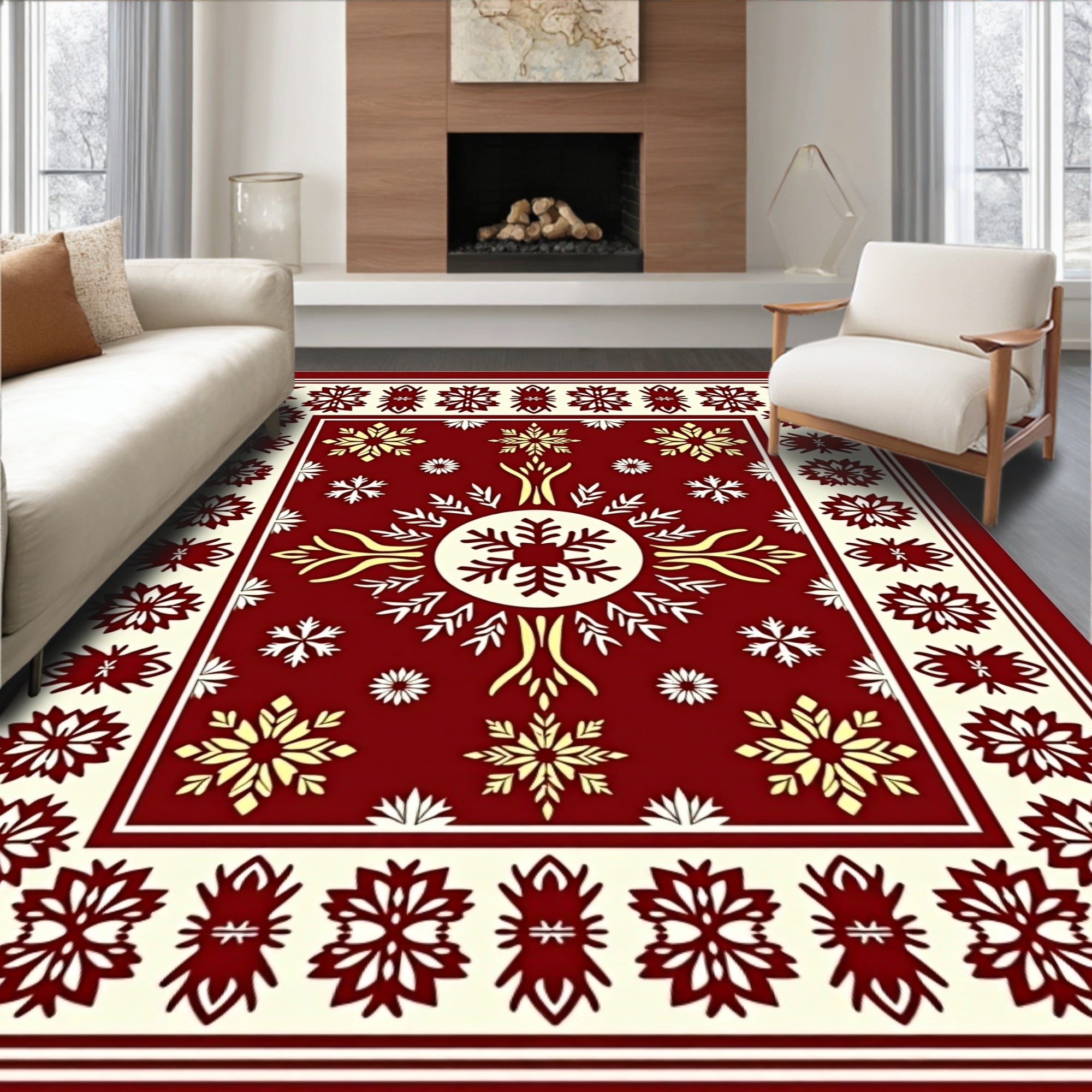 Crimson Snowflake Border Medallion Rug