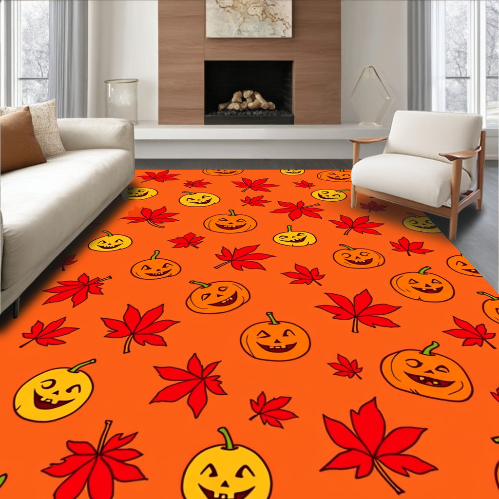 Spooky Orange Pumpkin Maple Leaf Rug