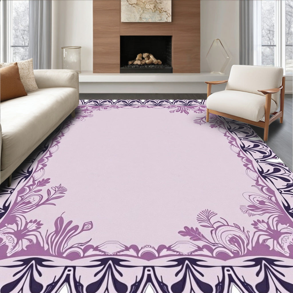 Ornate Lilac Floral Scroll Frame Rug