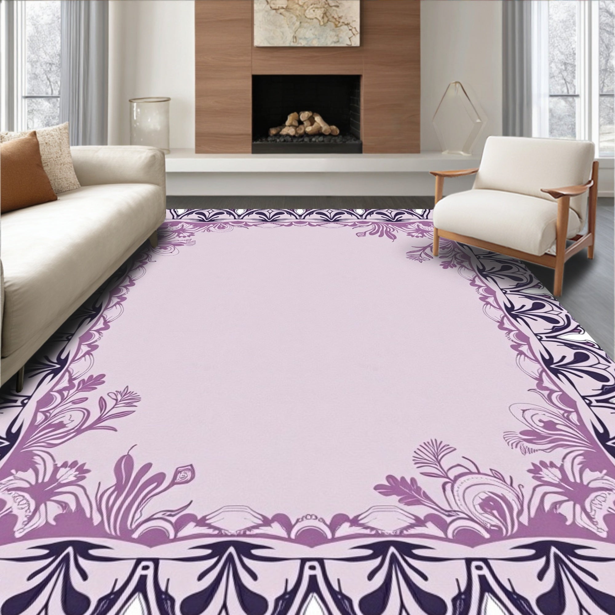 Ornate Lilac Floral Scroll Frame Rug