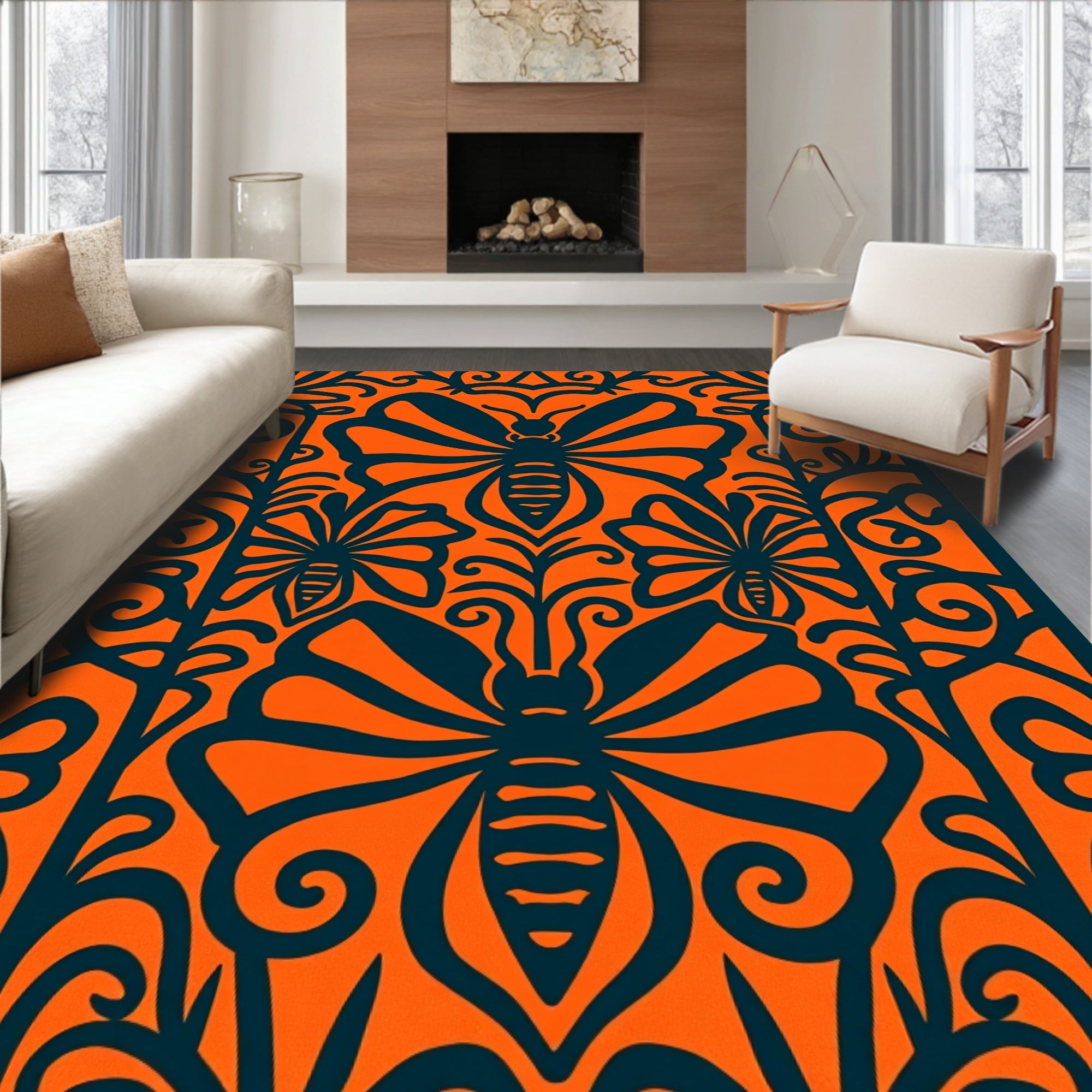 Bold Orange Insect Floral Medallion Rug