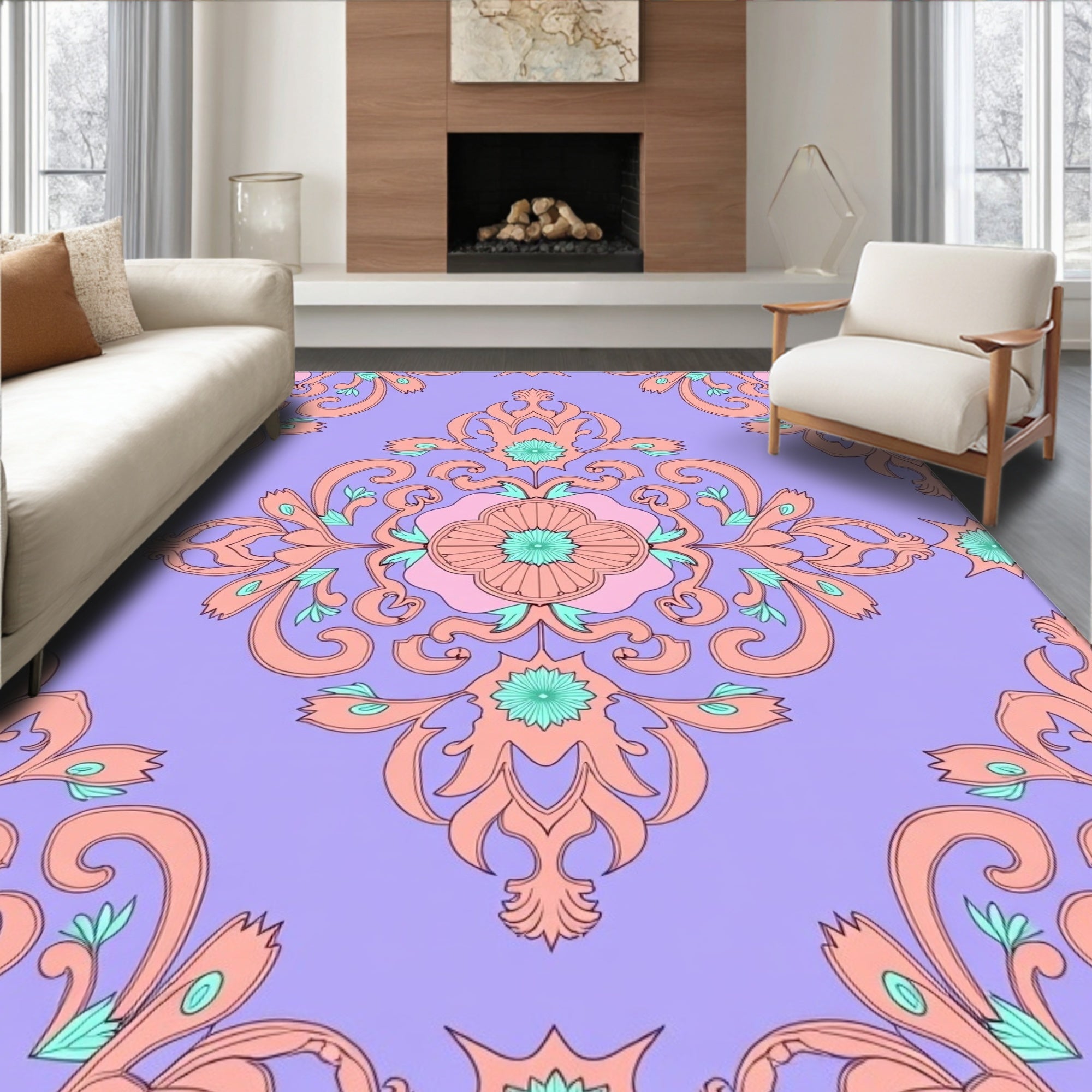 Pastel Lavender Coral Floral Medallion Rug