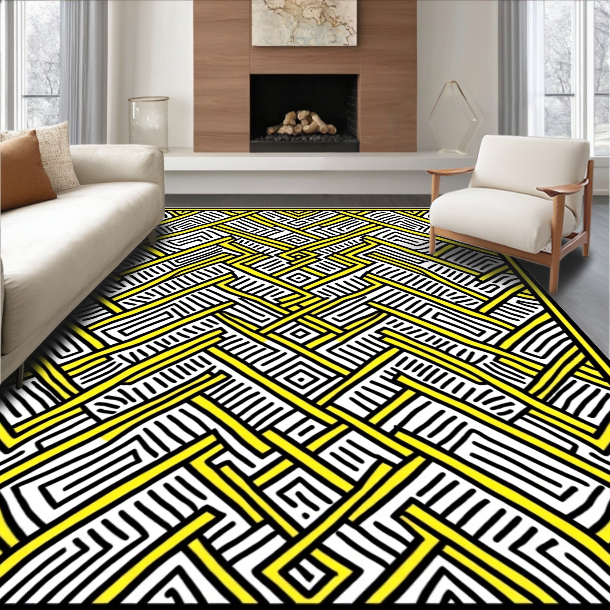 Abstract Yellow Geometric Maze Rug