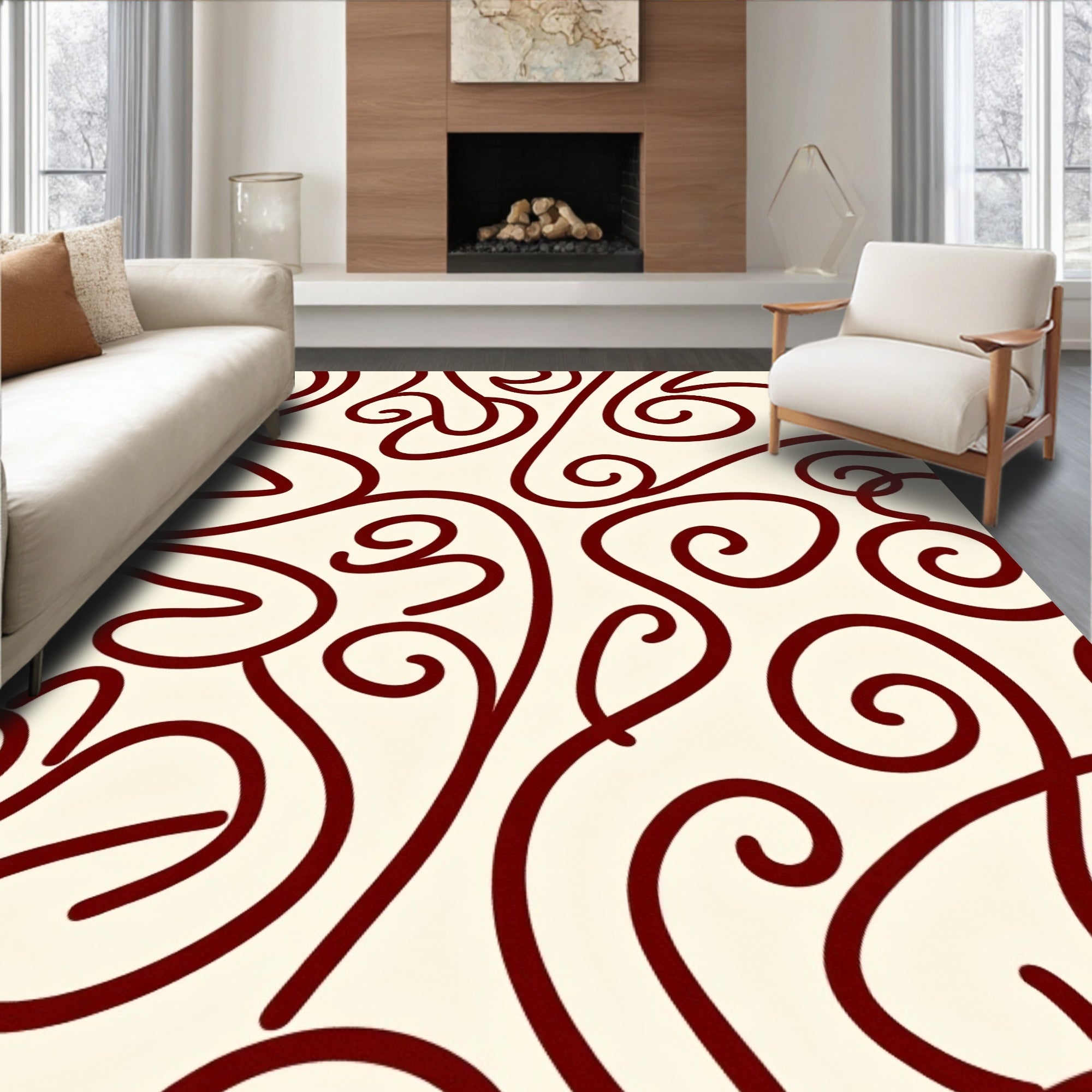 Deep Red Swirling Vine Abstract Rug