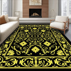 Golden Floral Scroll Border Black Rug