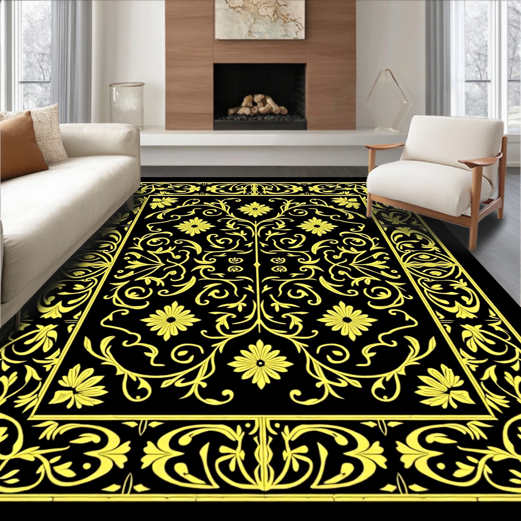 Golden Floral Scroll Border Black Rug