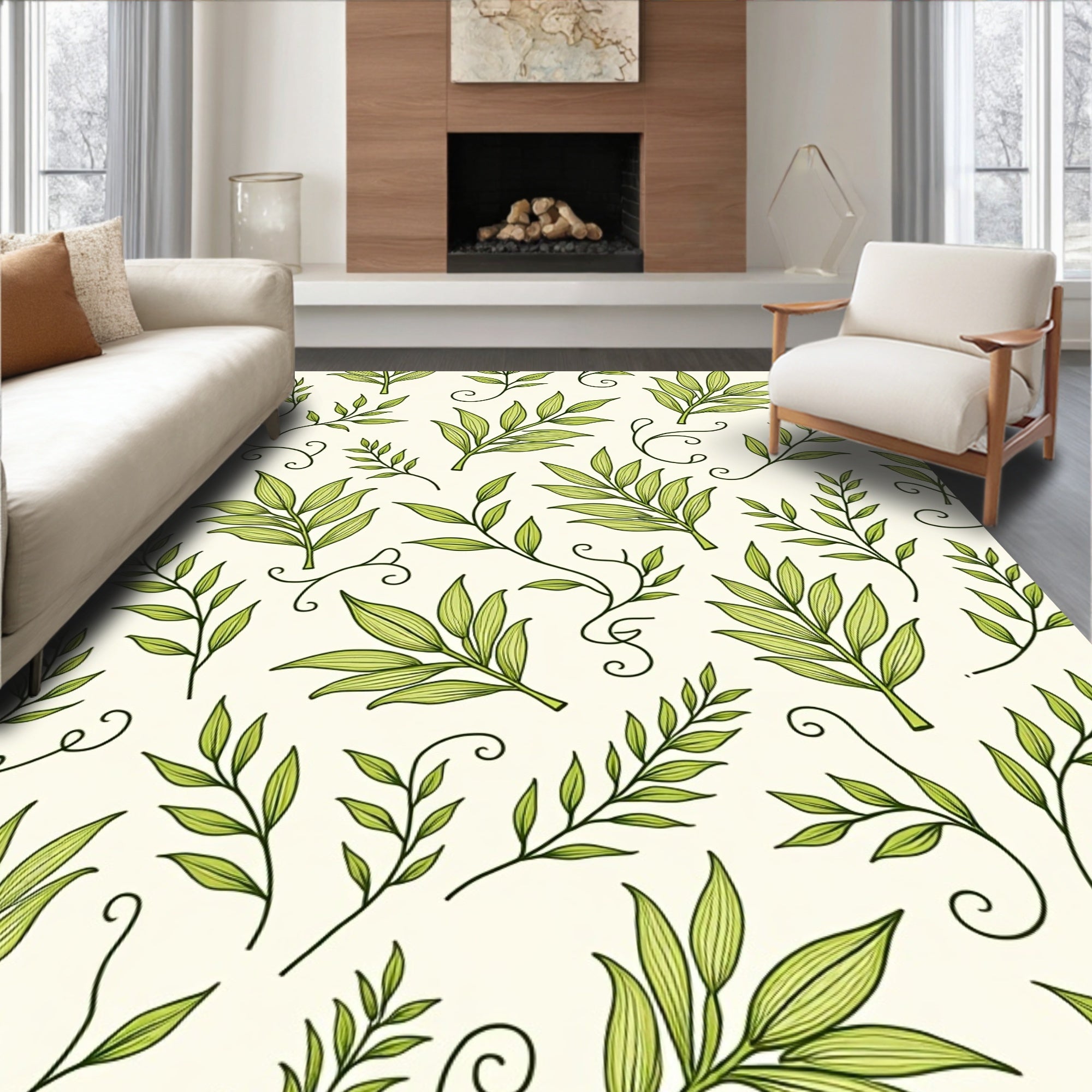 Light Green Foliage Twig Swirls Rug
