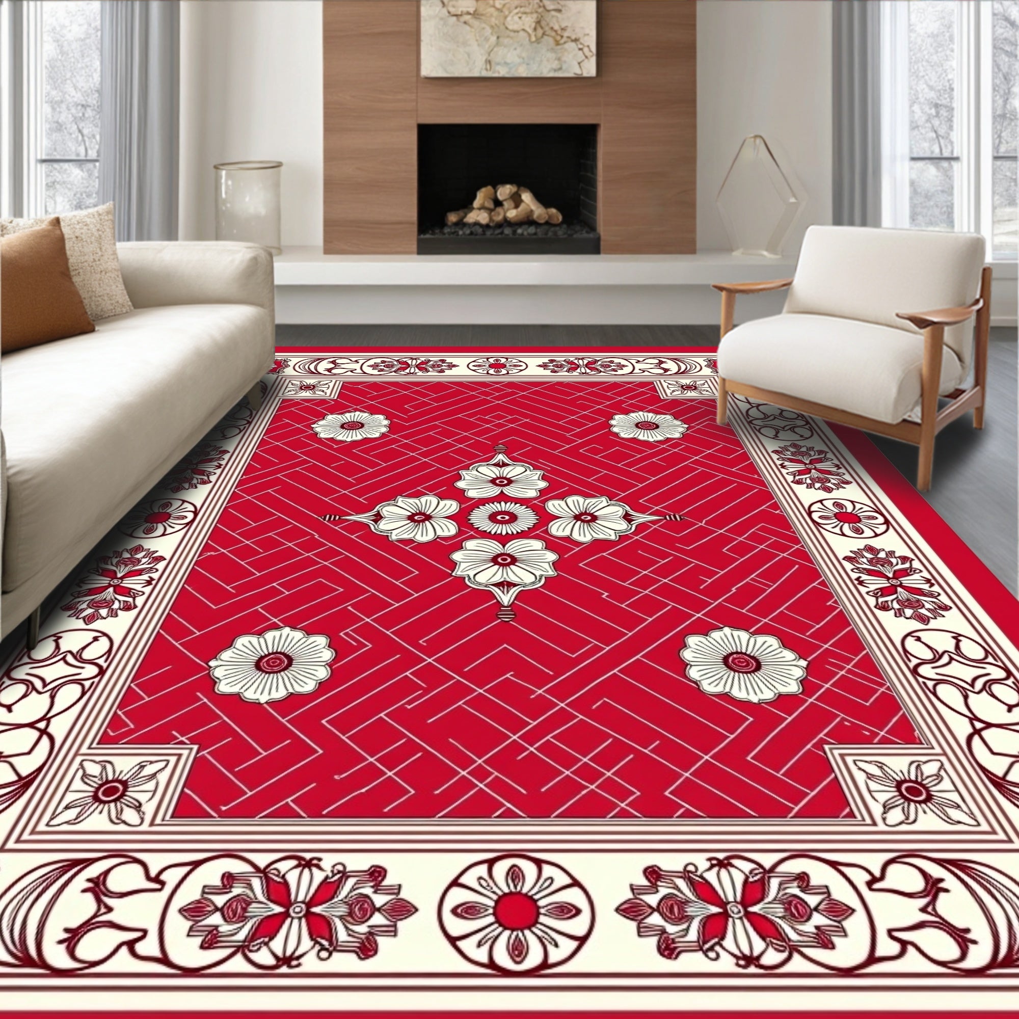 Crimson White Floral Geometric Border Rug
