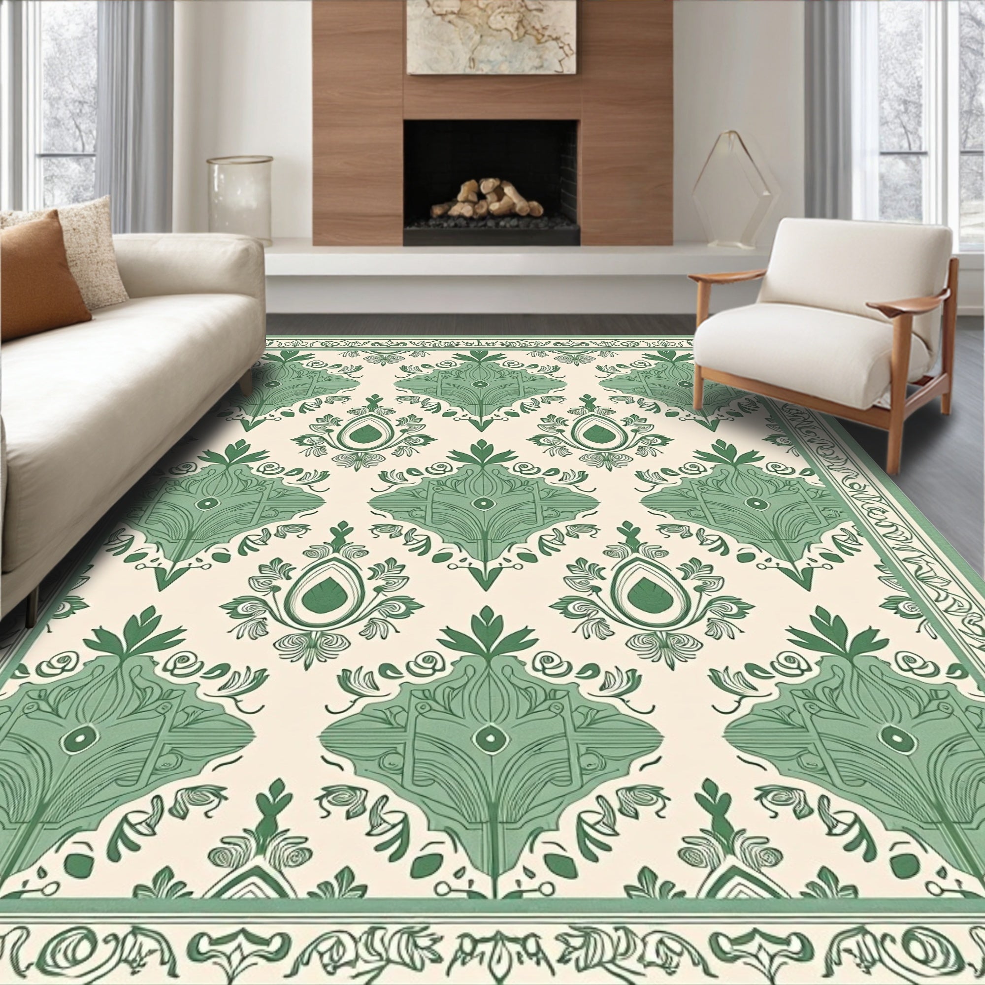 Mint Green Damask Floral Border Rug