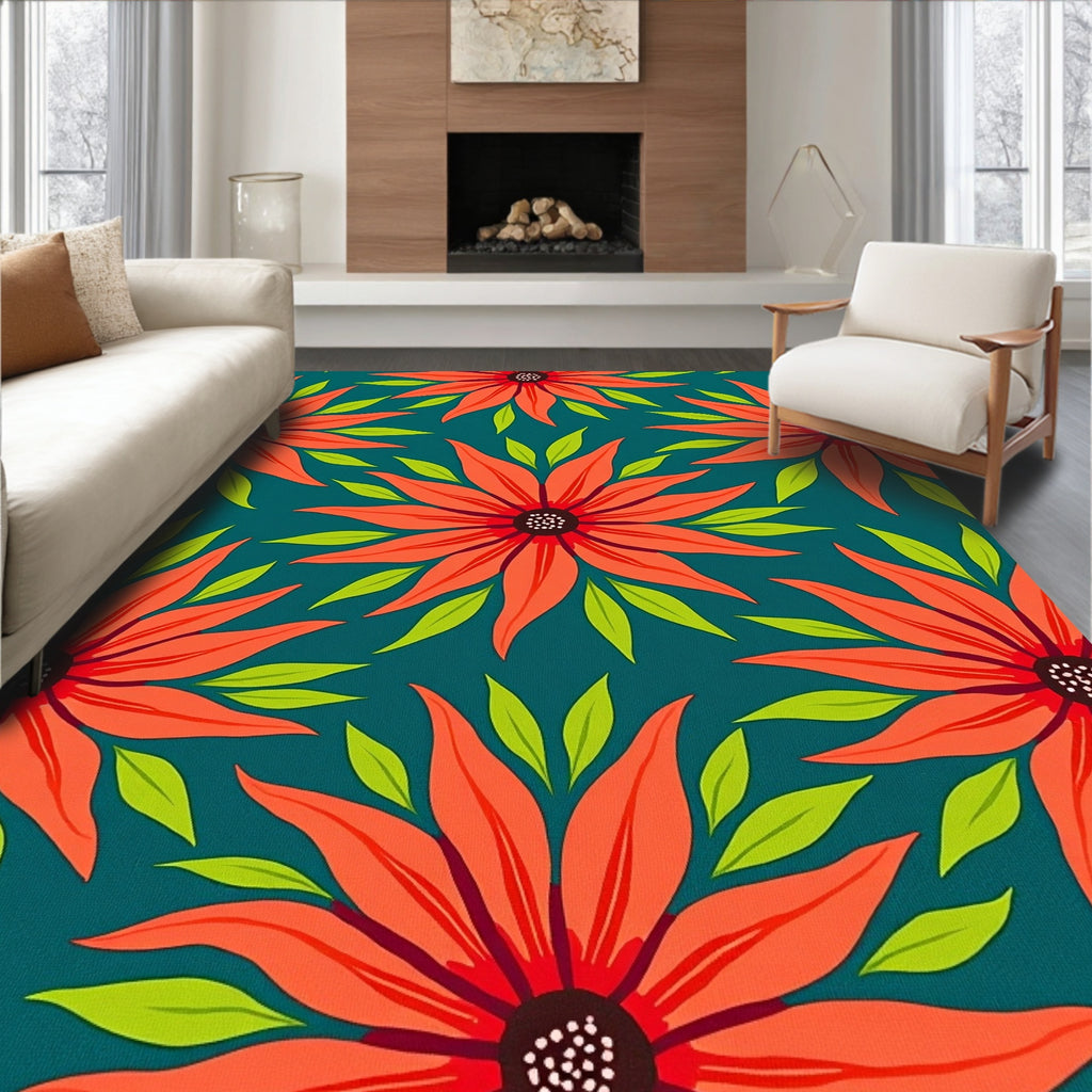 Bold Orange Floral Teal Garden Rug