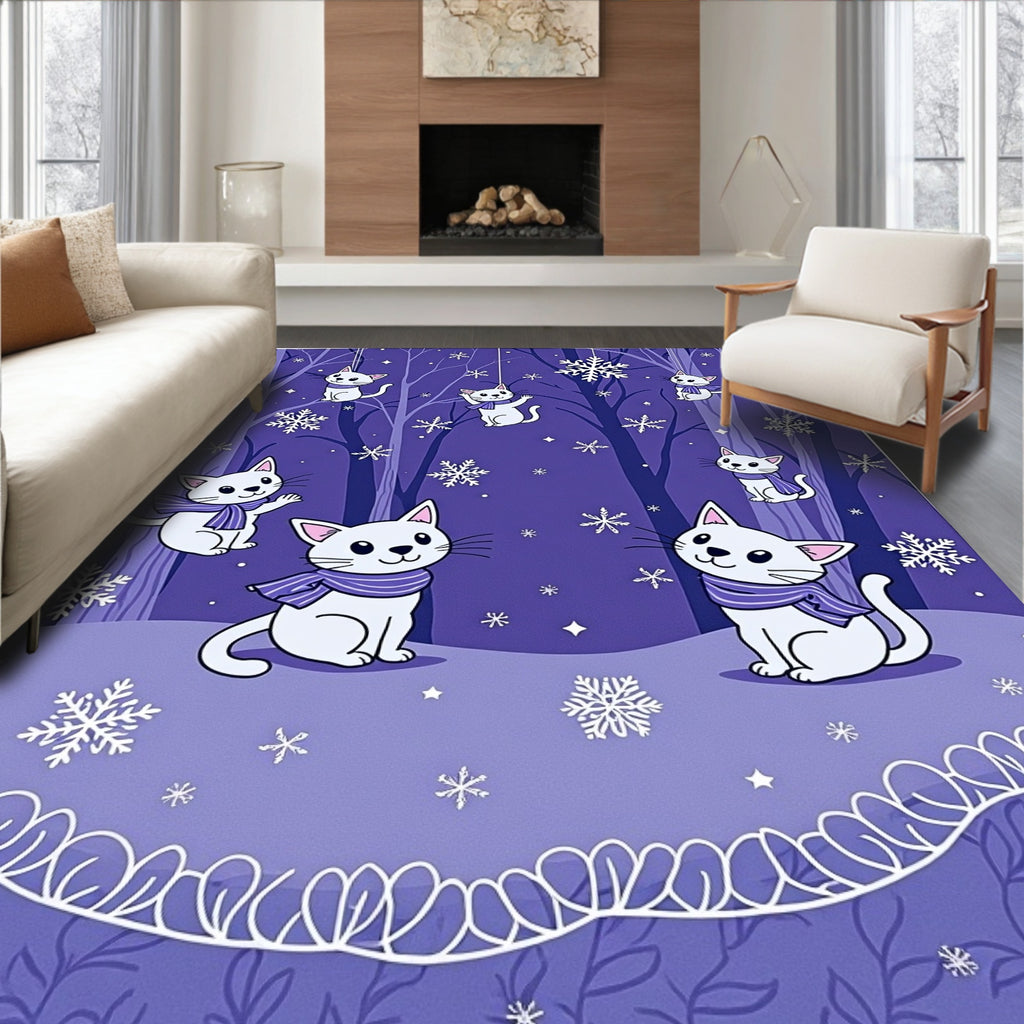 Whimsical Purple Snow Cat Forest Rug