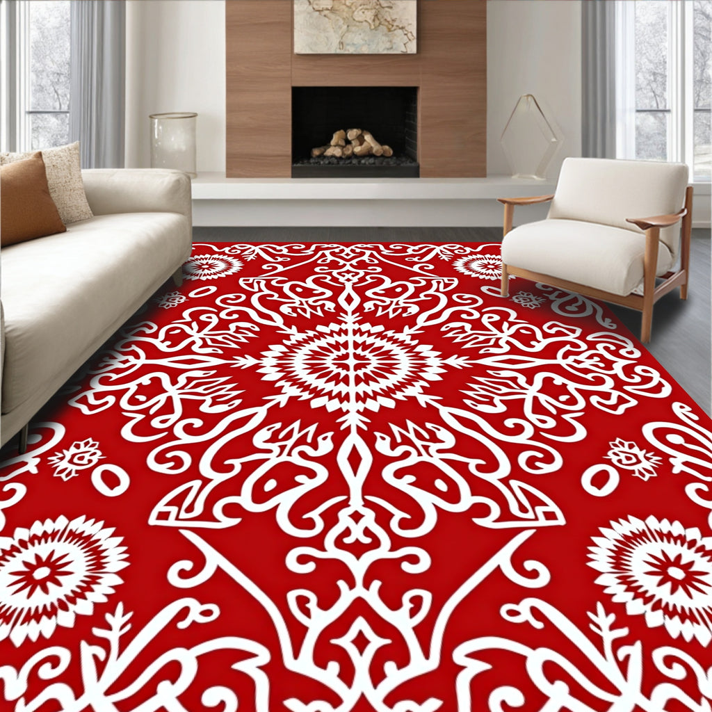 Red White Mandala Scrollwork Medallion Rug