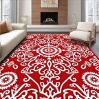Red White Mandala Scrollwork Medallion Rug