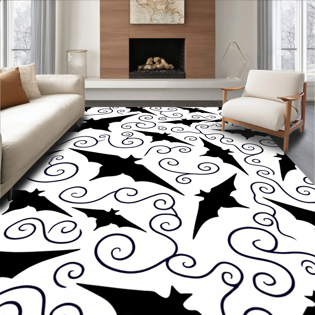 Black Flying Bats Swirling Vines Rug