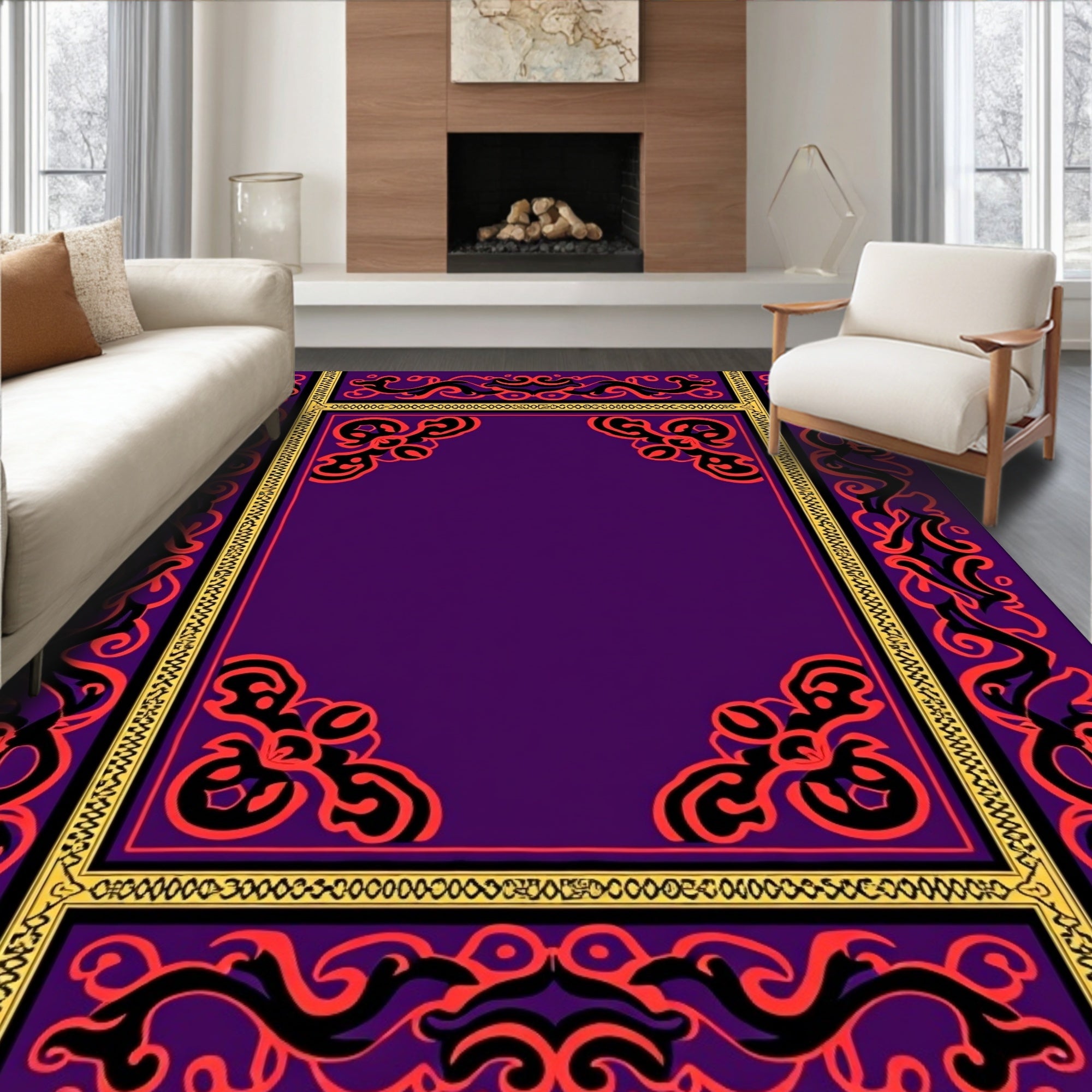 Purple Red Black Golden Filigree Frame Rug