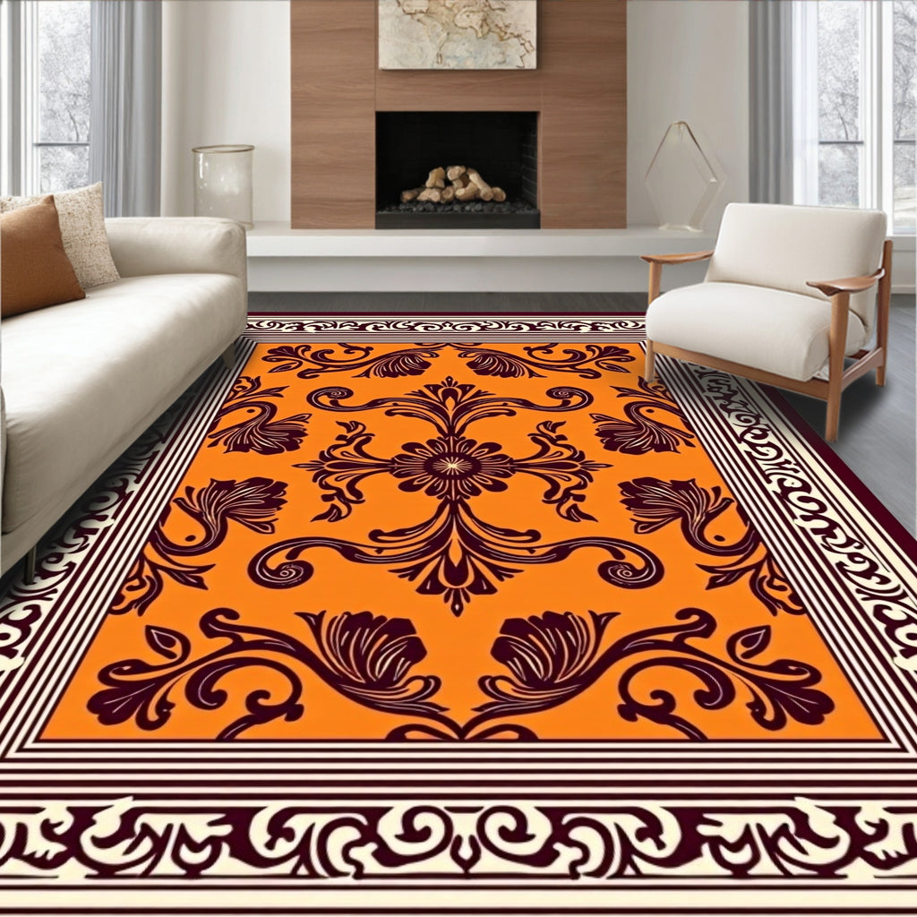 Rich Orange Baroque Scroll Rug