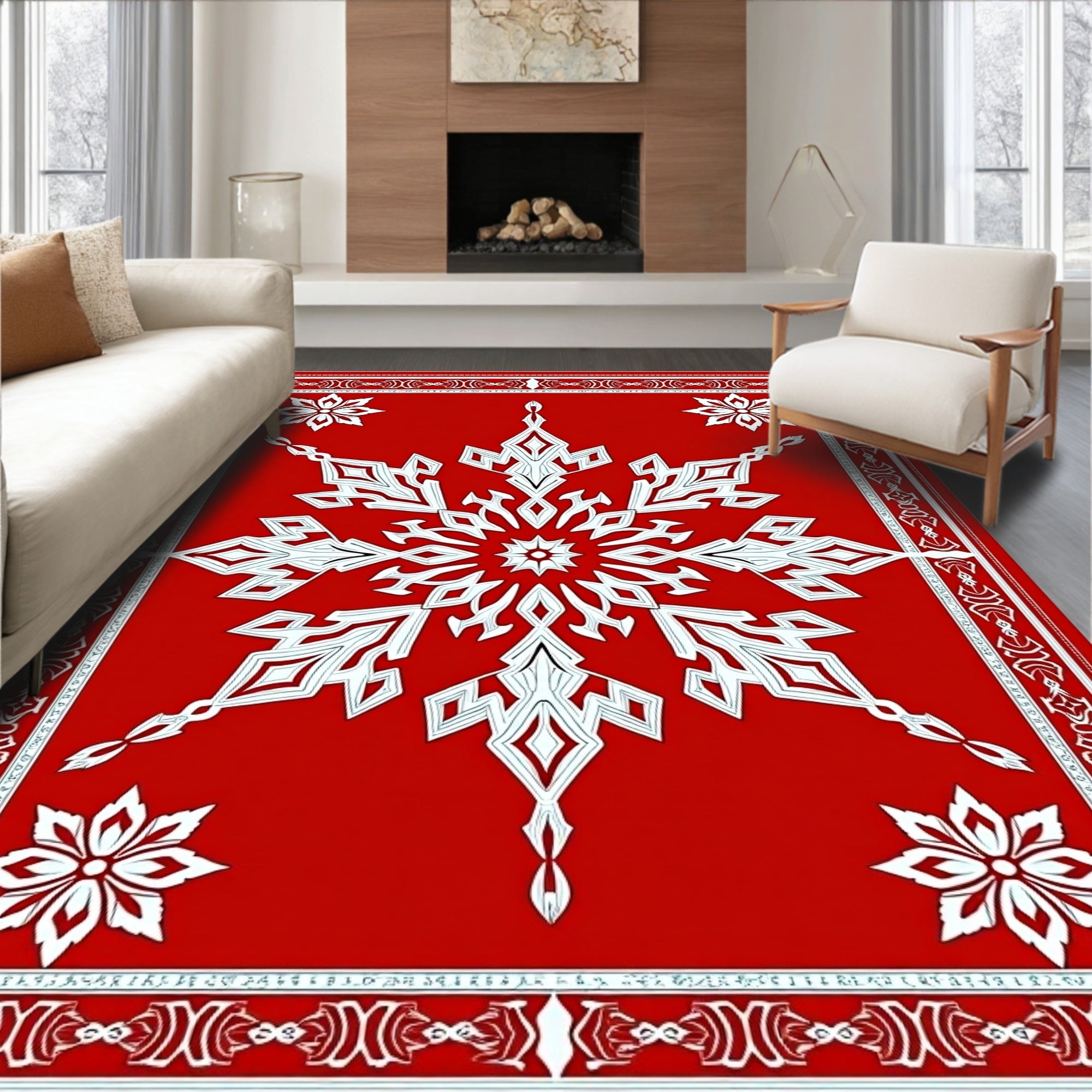 Crimson Snowflake Intricate Border Rug