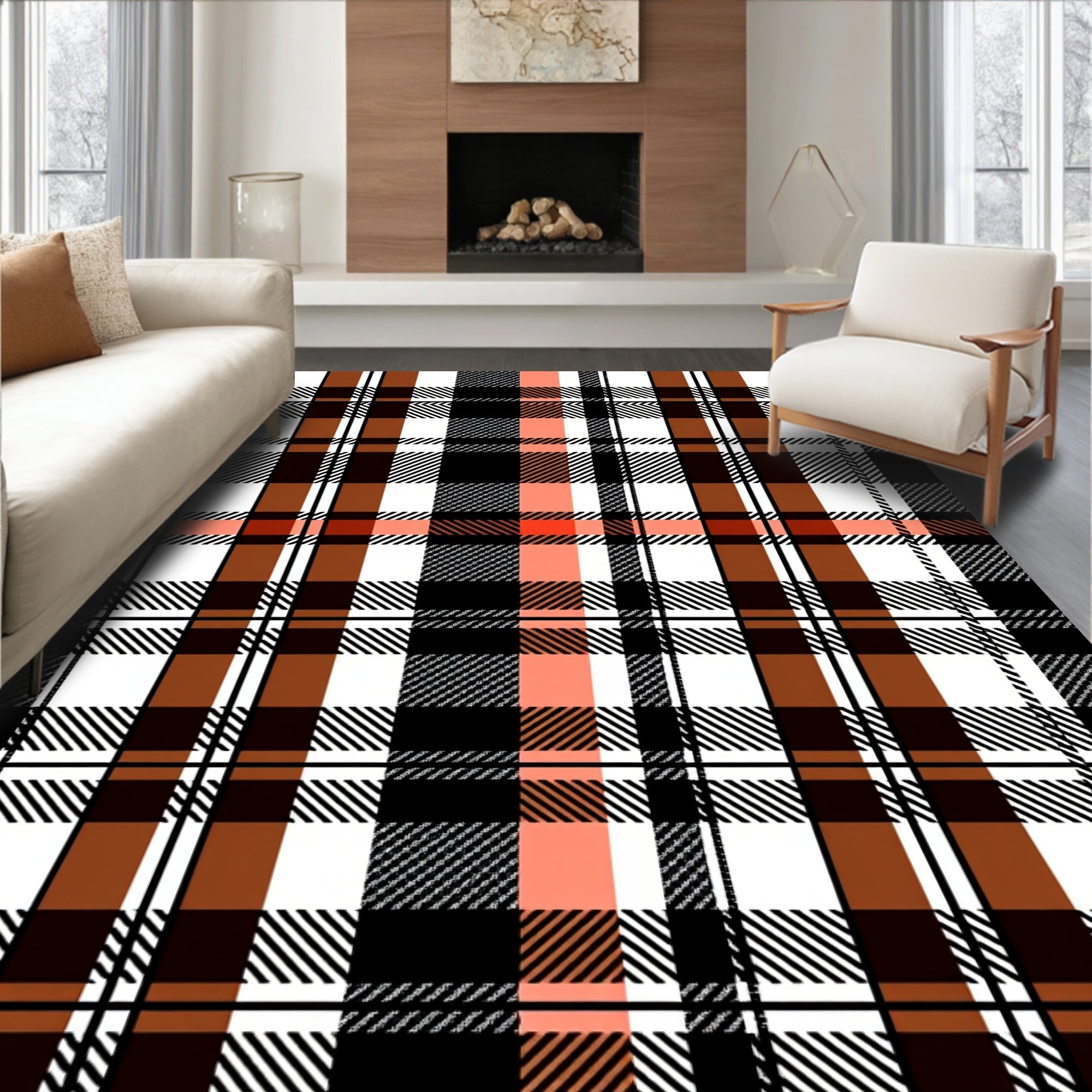 Classic Plaid Black Orange White Rug