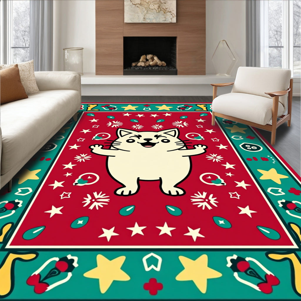 Joyful Cream Cat Red Starburst Border Rug