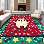 Joyful Cream Cat Red Starburst Border Rug