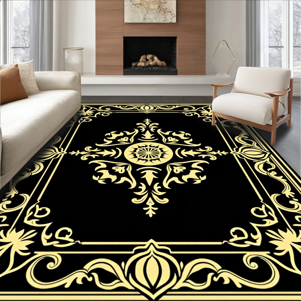 Black And Gold Classic Floral Ornament Rug