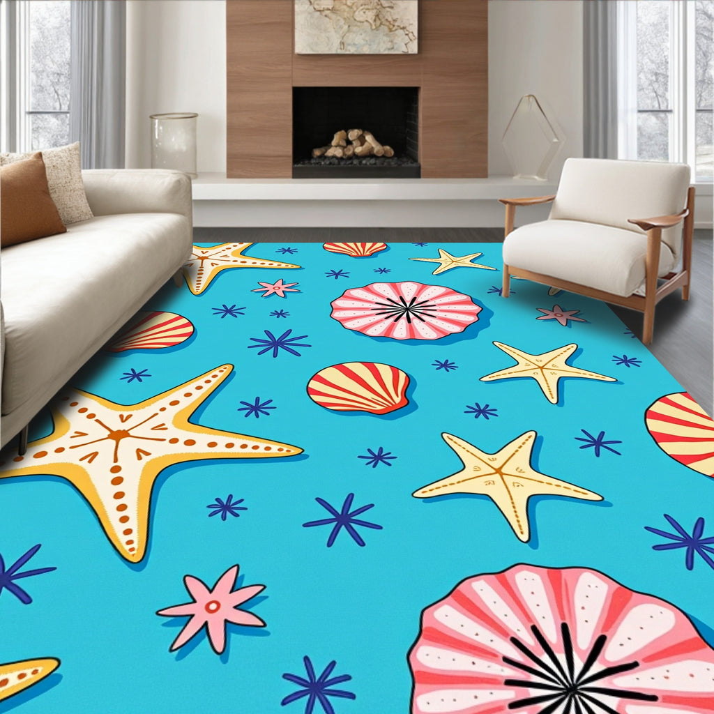 Aqua Sea Creatures Starfish Shell Toss Rug