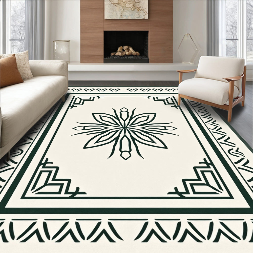 Dark Forest Green Floral Medallion Border Rug
