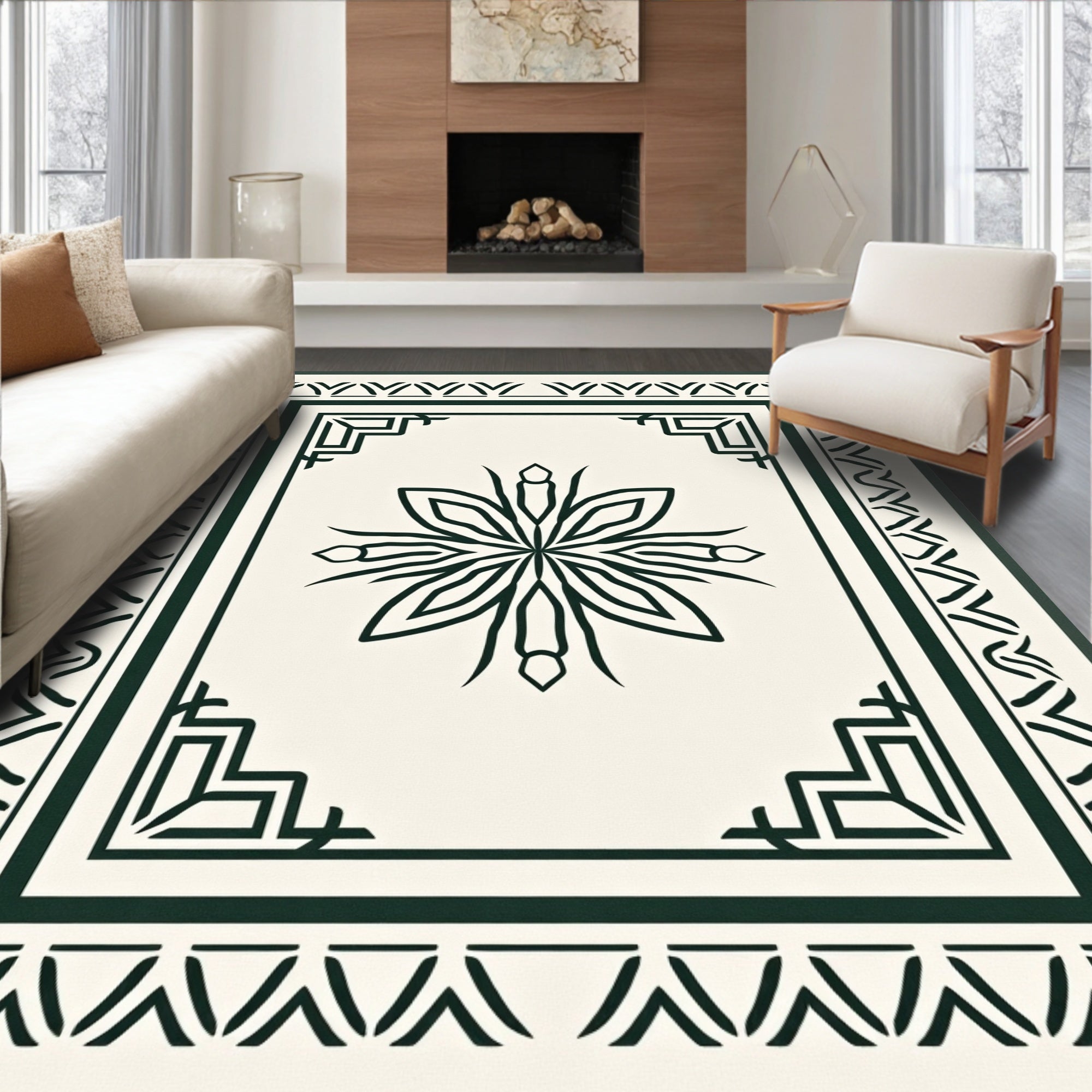 Dark Forest Green Floral Medallion Border Rug