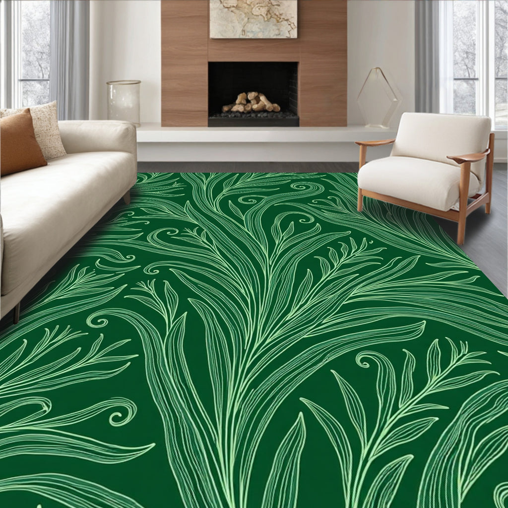 Dark Green Leafy Swirl Vine Rug