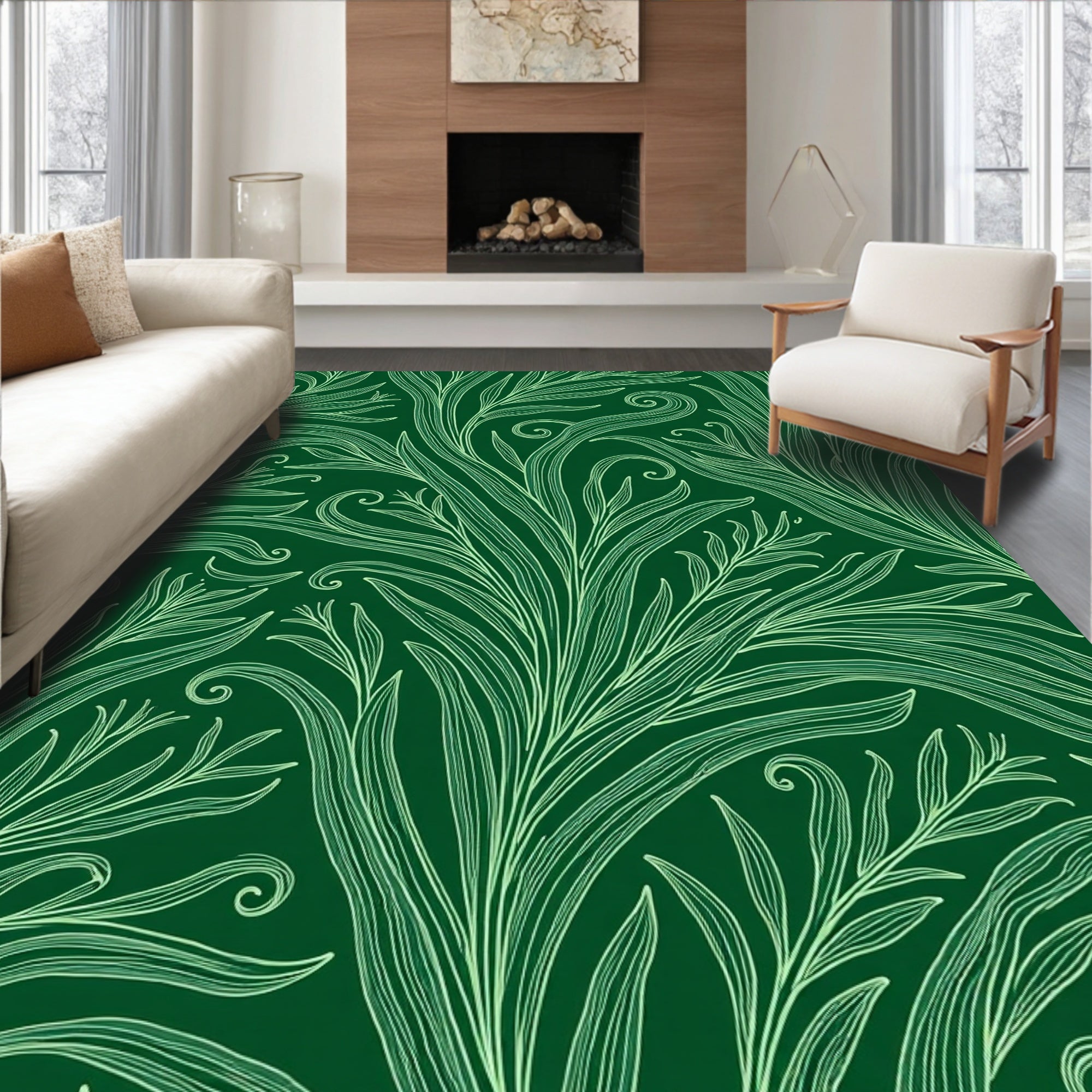 Dark Green Leafy Swirl Vine Rug