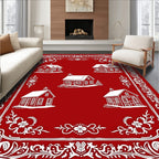 Red White Village Folk Art Rug