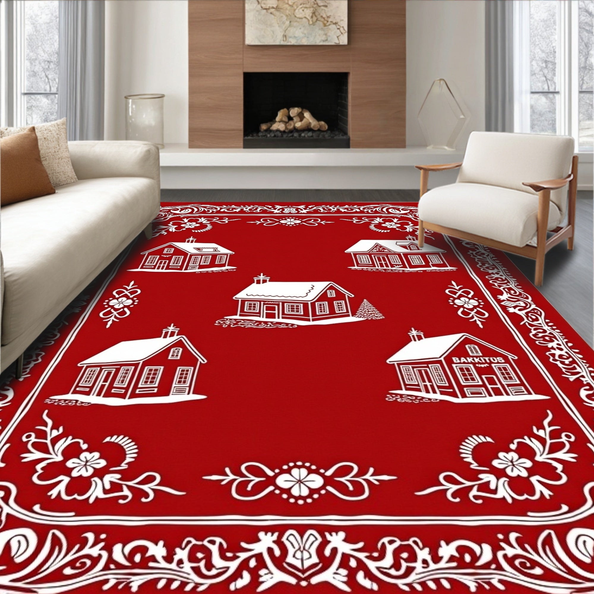 Red White Village Folk Art Rug