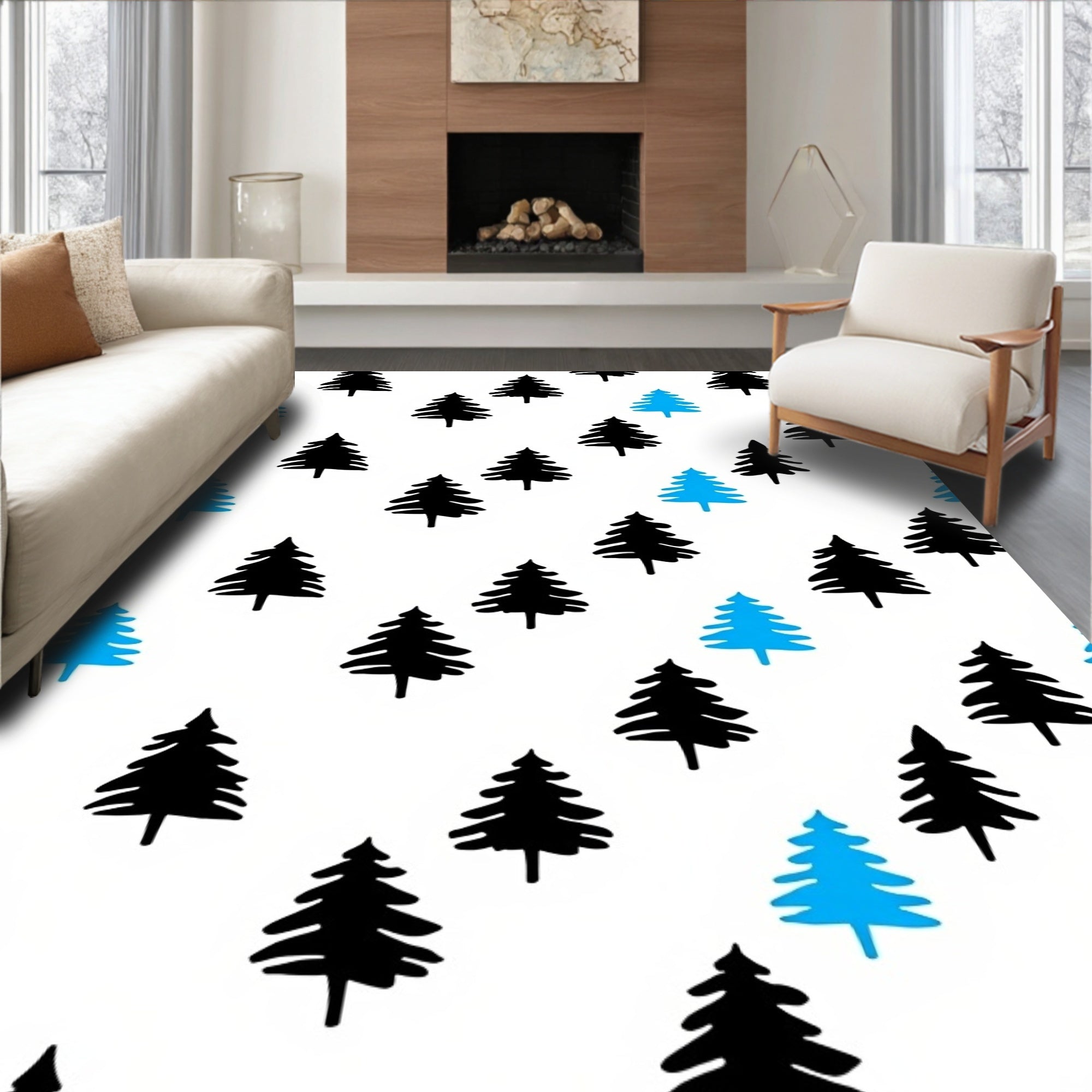Simple Blue Black Evergreen Trees Rug