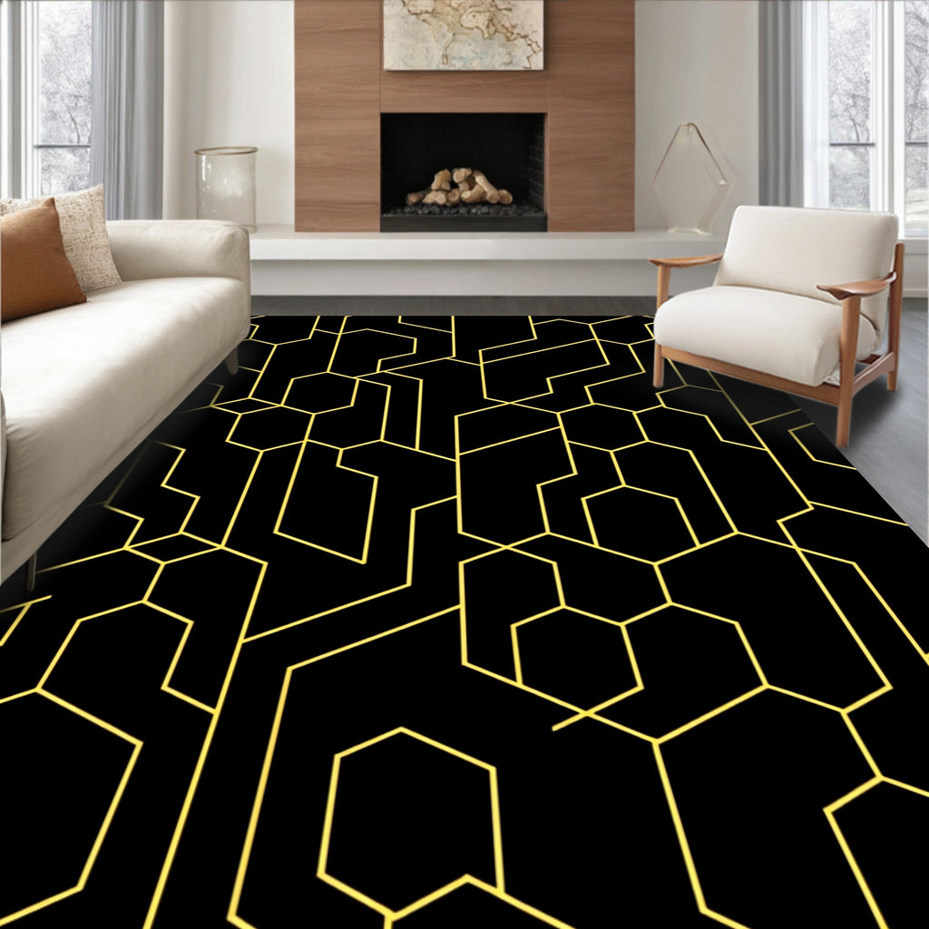 Black and Gold Geometric Network Rug