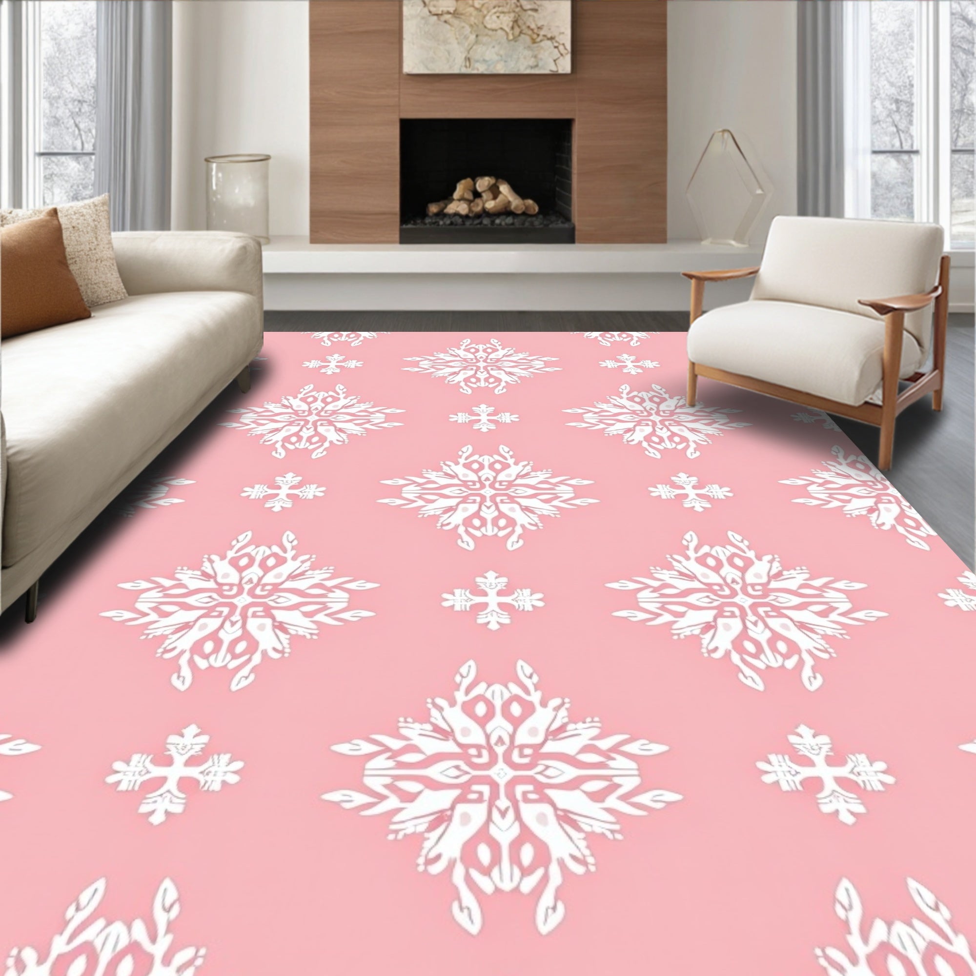 Coral Pink White Floral Medallion Rug