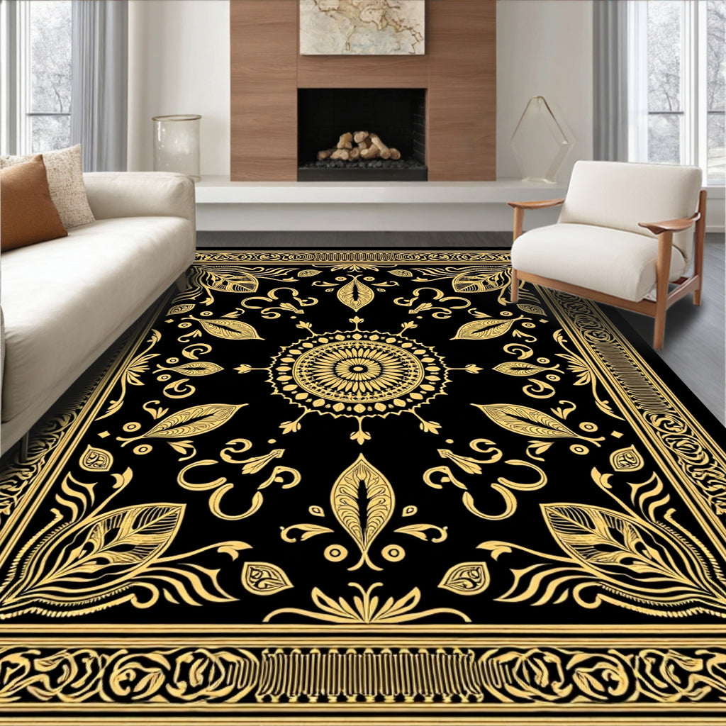 Ornate Black Gold Medallion Border Rug