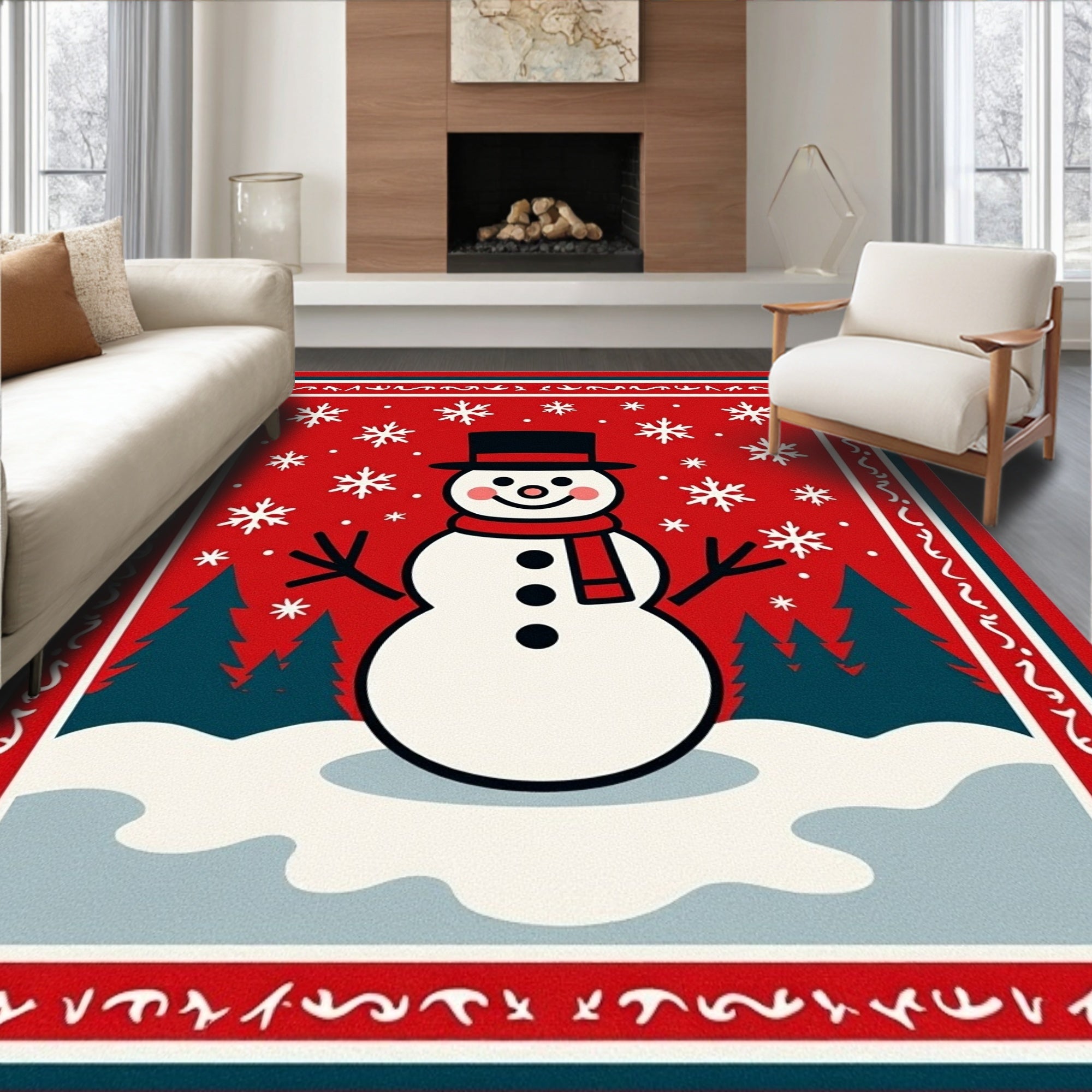 Festive Red Snowman and Trees Rug