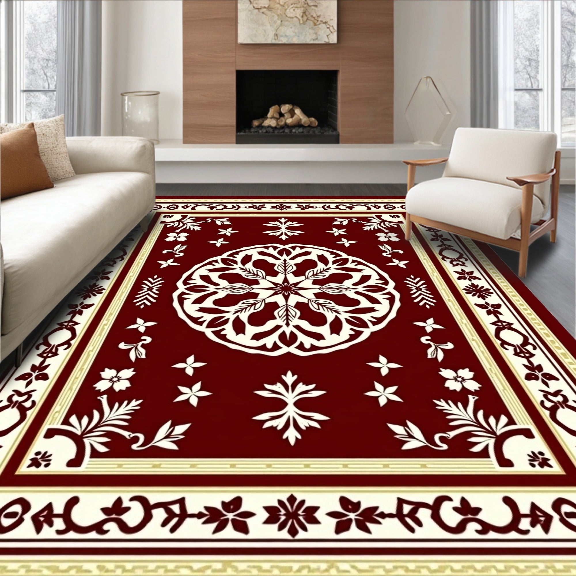 Deep Red Ornate Floral Lattice Rug