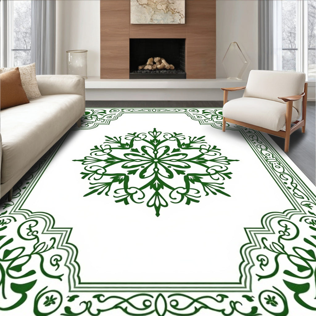 Dark Green Floral Medallion Border Rug