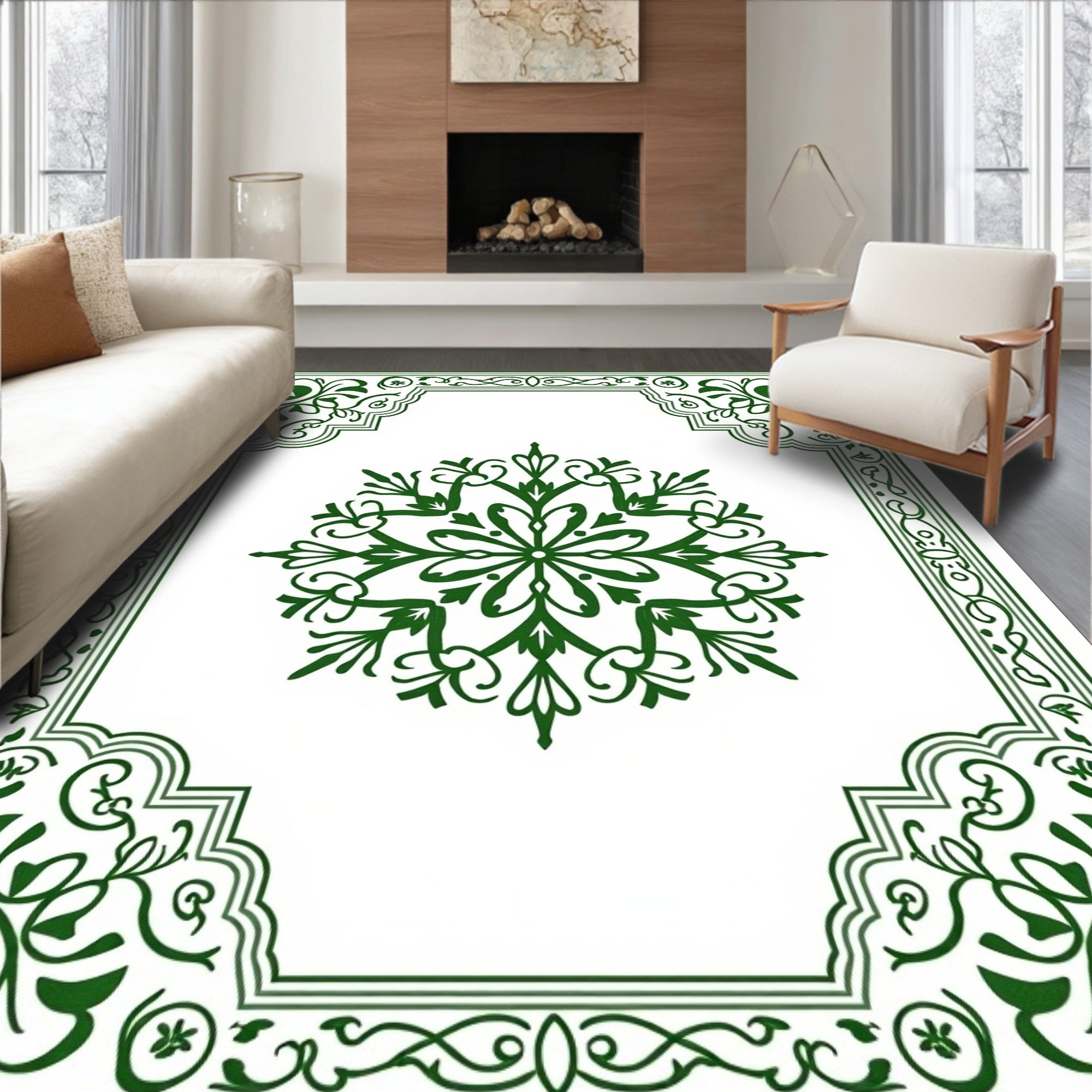 Dark Green Floral Medallion Border Rug