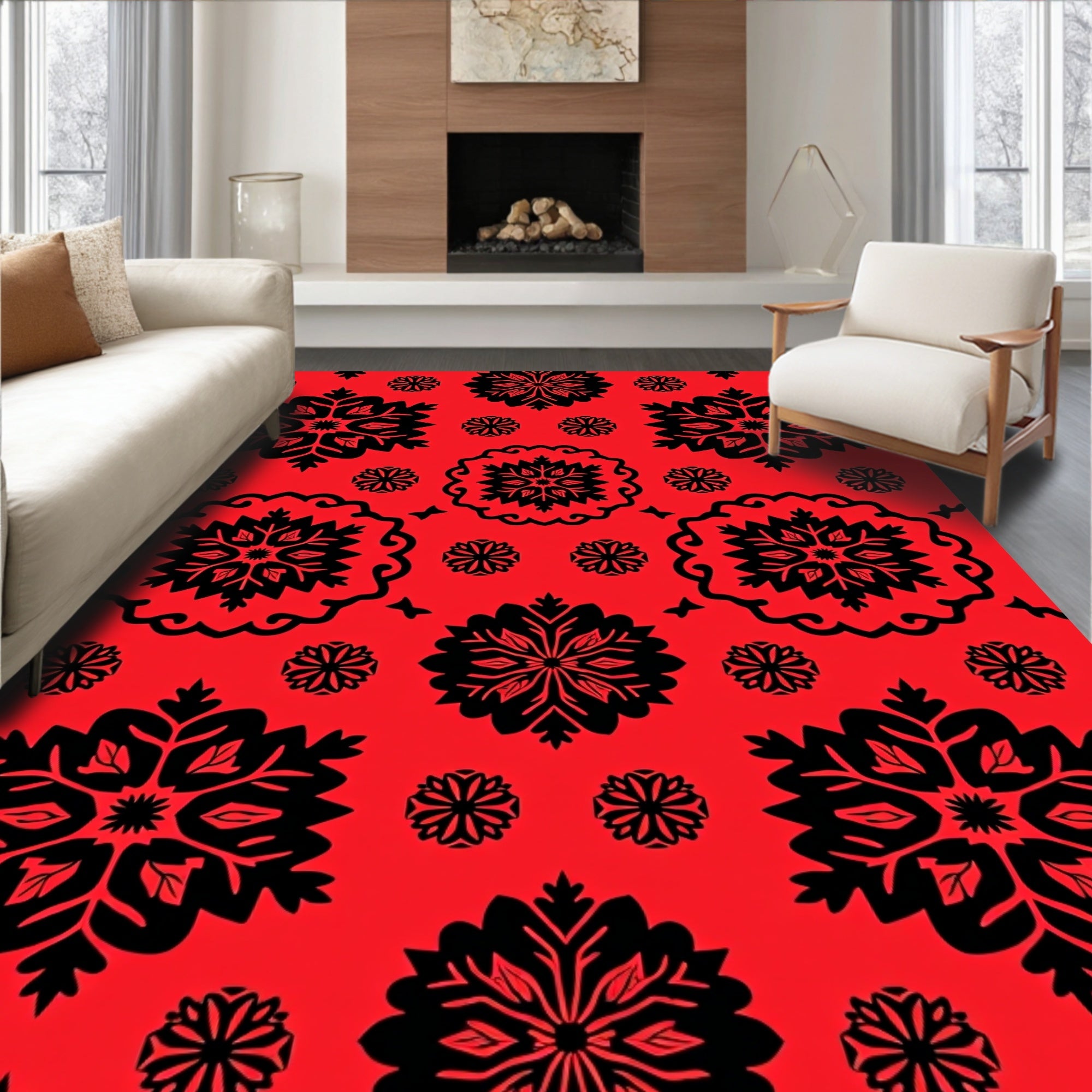 Crimson Black Floral Medallion Scroll Rug