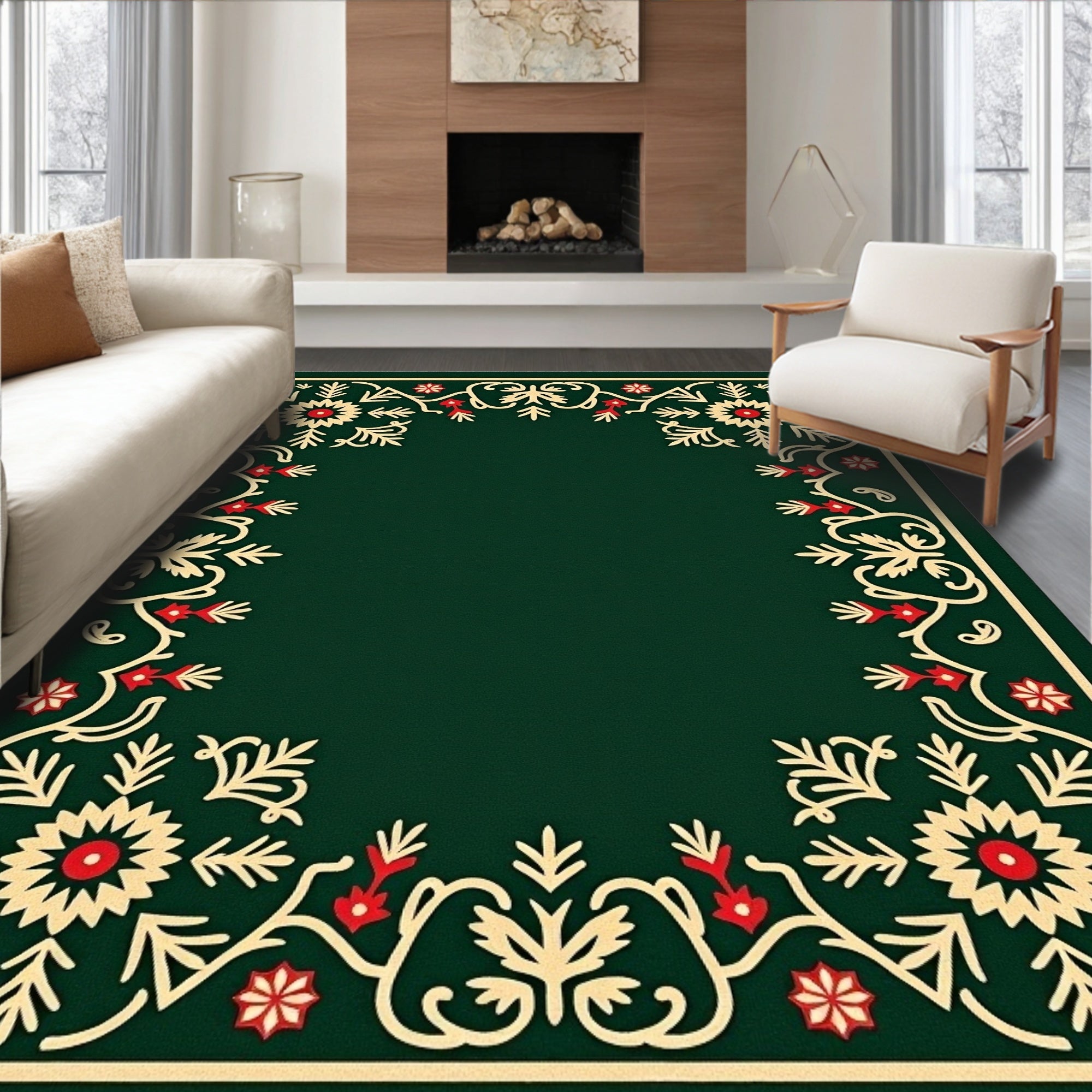 Dark Green Floral Embellished Decorative Rug
