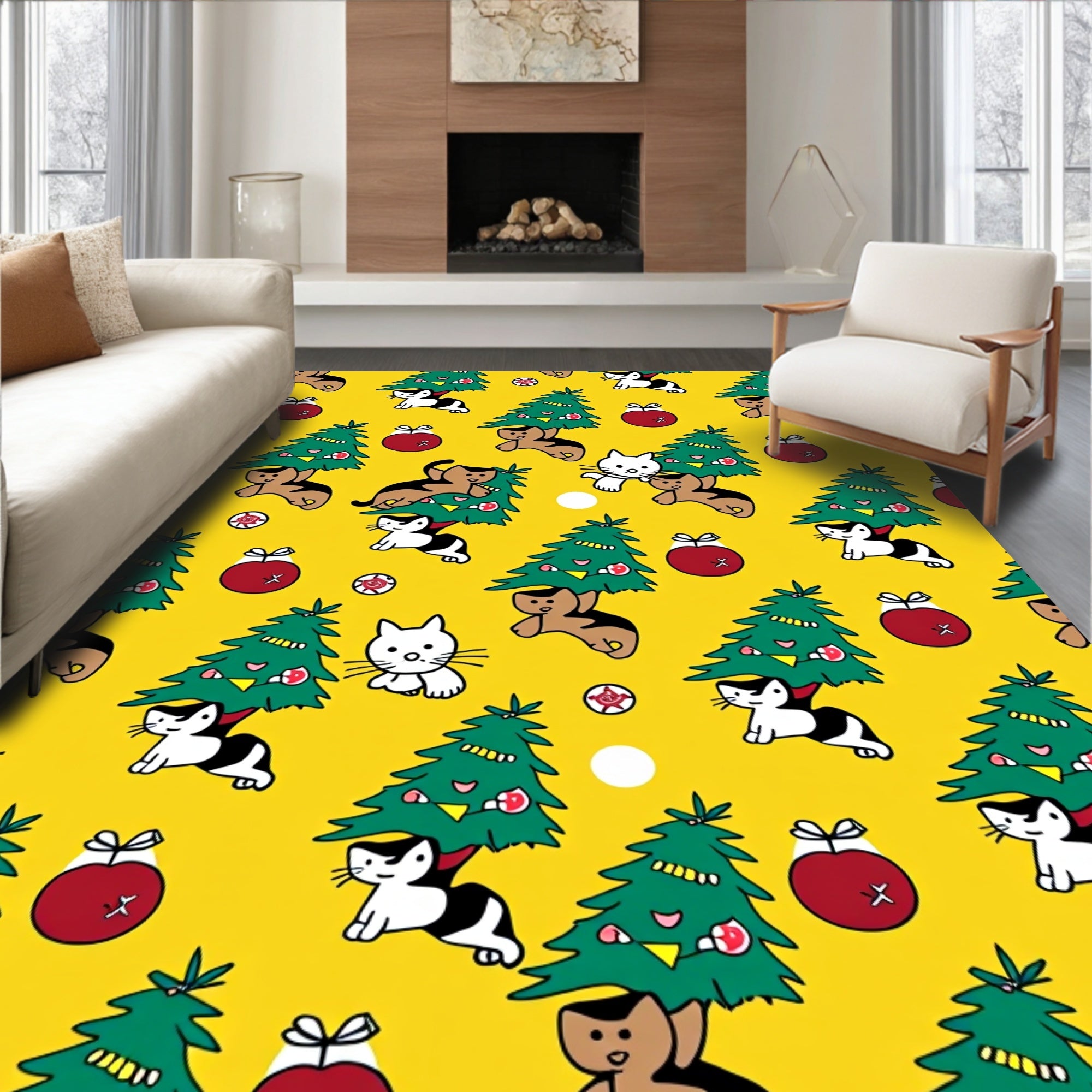 Whimsical Kitten Christmas Tree Ensemble Rug