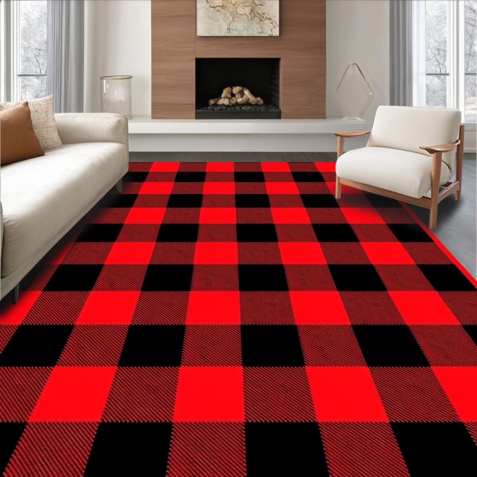 Classic Red Black Buffalo Check Square Rug