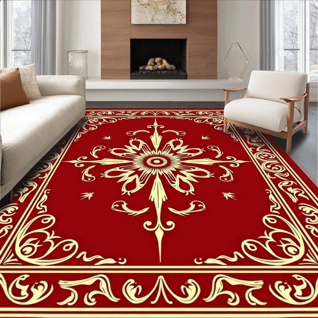 Rich Crimson Ornate Sunburst Border Rug