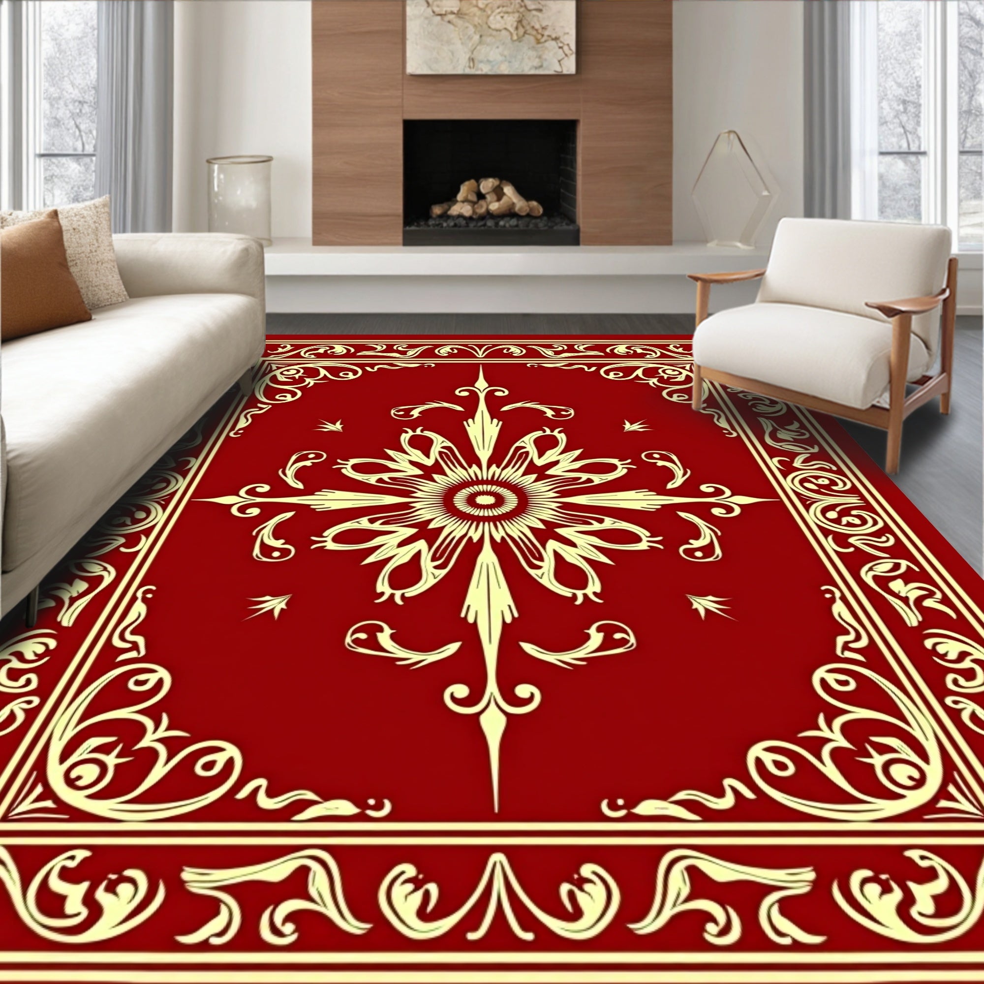 Rich Crimson Ornate Sunburst Border Rug